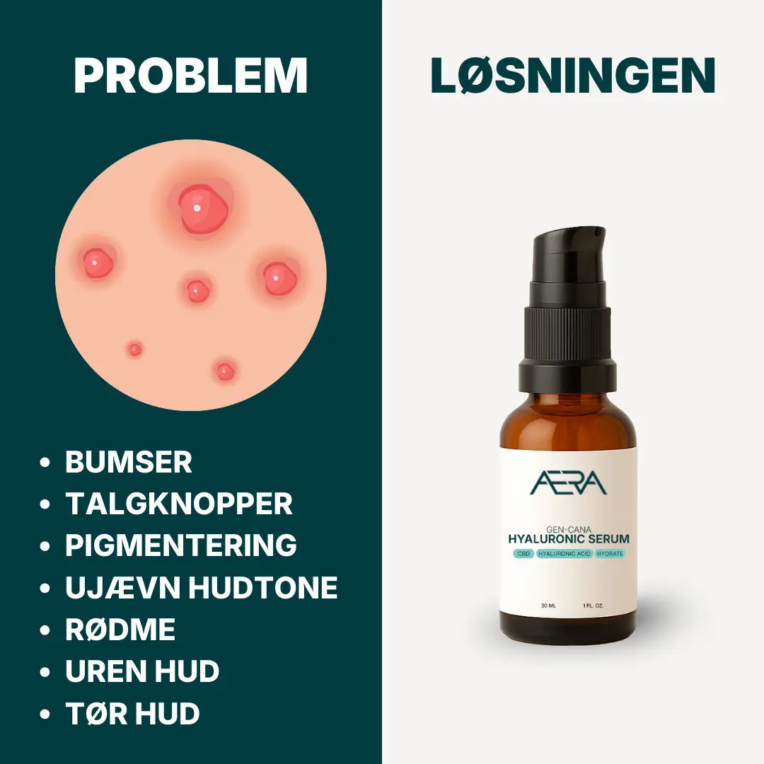 Her ses alle de hudproblemer som Gen-Cana Hyaluronic Serum er god mod: Bumser, talgknopper, pigmentering, ujævn hudtone, rødme, uren hud, tør hud.