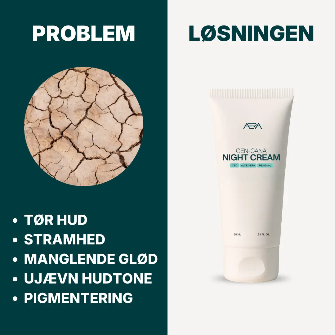 Her ses en oversigt over de mange hudproblemer, som natcremen fra ÆRA Care er god mod: Tør hud, stramhed i huden, manglende glød, ujævn hudtone og pigmentering.