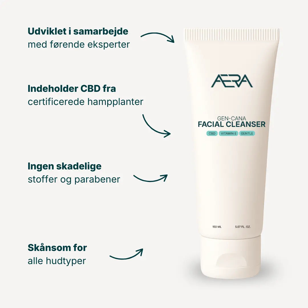 Her ser mange af de gode fordele ved Gen-Cana ansigtsrensen. Heriblandt indholdet af CBD, ingen skadelige parabener og ingredienser - og at den er skånsom for alle hudtyper.