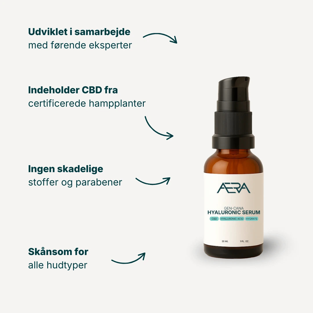 ÆRA Care hyaluron serum er særligt skånsom for alle hudtyper. Den indeholder ingen skadelige stoffer, men derimod kun gode ingredienser som hyaluron og CBD.